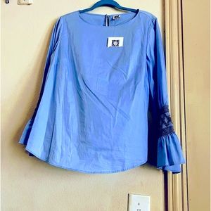 Anne Klein Shirt Womens Small Blue Black Smocked Ruffle Sleeve Tunic Ladies